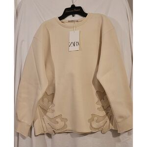 Zara Women's Rib knit Sweater In Ivory With Embroidery On Both Sides